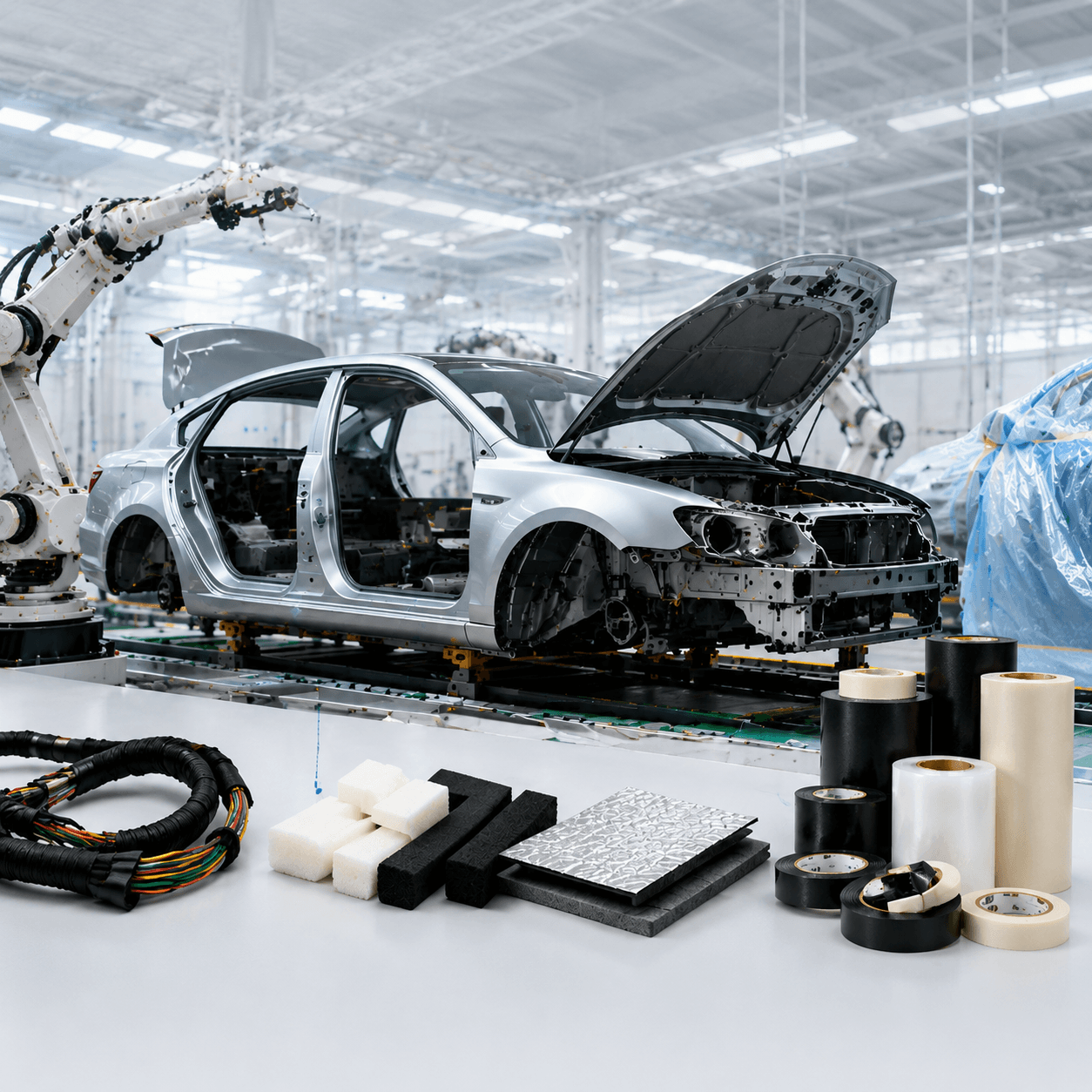 Wire-harness and trim-bonding tape on an automotive assembly line