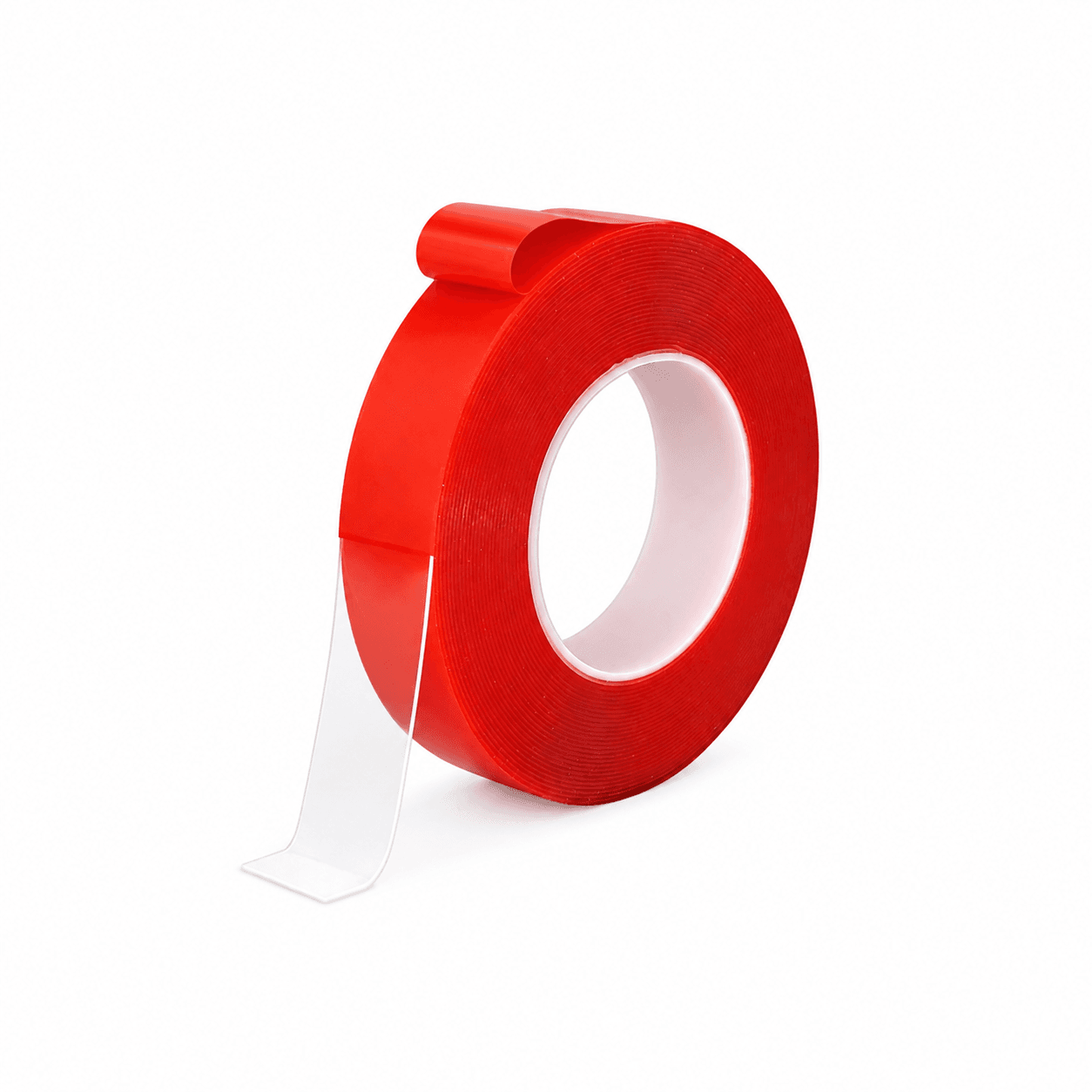 Clear acrylic double-sided tape on a red PET liner from nibaL