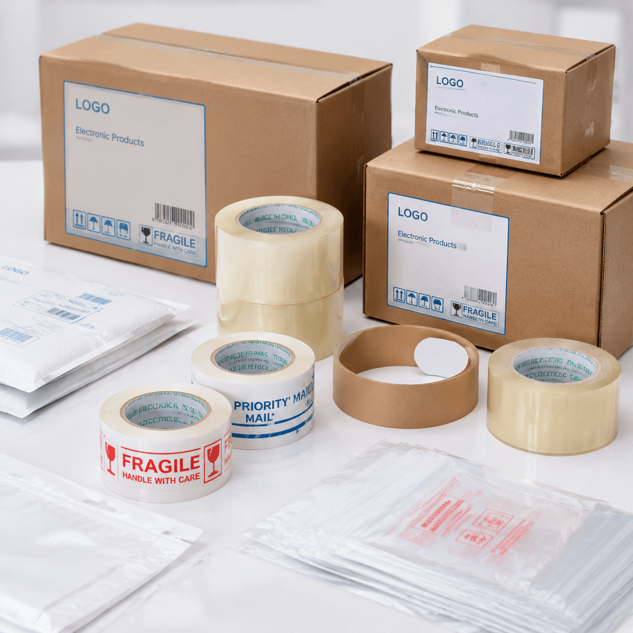 Tissue double-sided and packaging tape on boxes ready for export